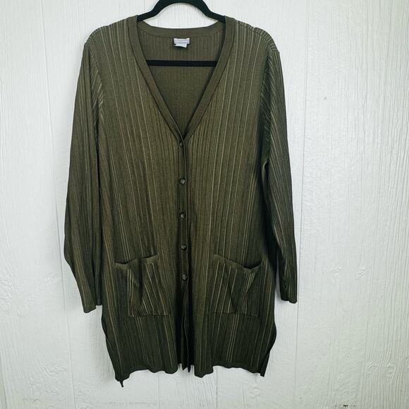 Chico's Flat-Back Ribbed Cardigan Sweater Green Button Front Pockets Women SZ 2 - Picture 2 of 10